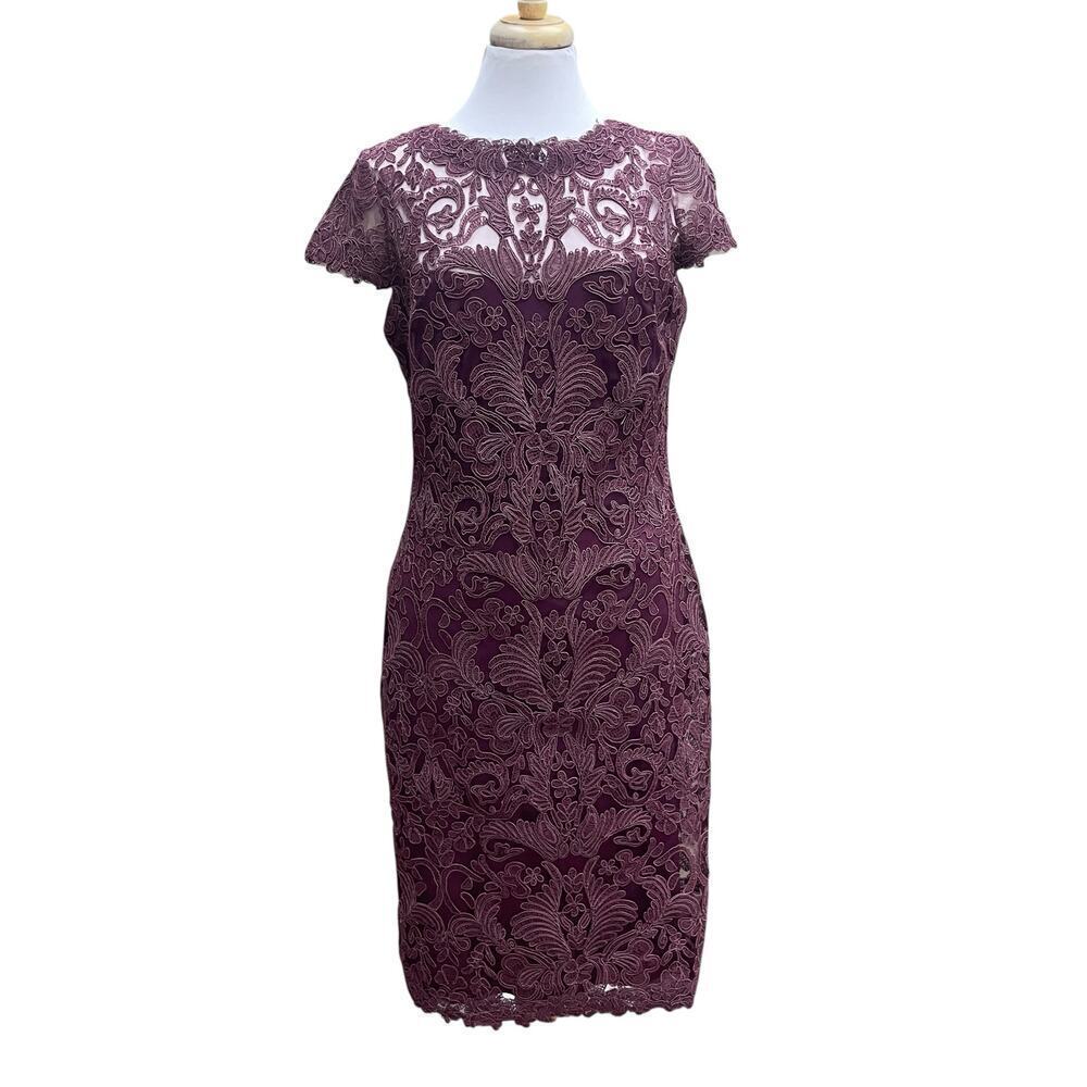 Tadashi Shoji Illusion Yoke Lace Sheath Dress Blackberry Burgundy - Size 12 - Picture 15 of 16